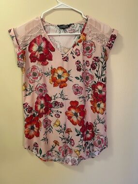 Express Pink Floral Lace Blouse | Feminine Sheer Top | Dressy Spring Summer Shir